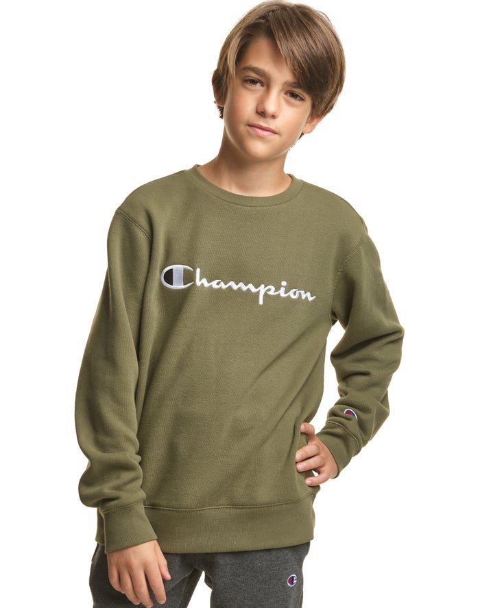 Champion Fleece Crew Embroidered Logo Erkek Çocuk Sweatshirt Zeytin Yeşili ( NWZEMA864 )